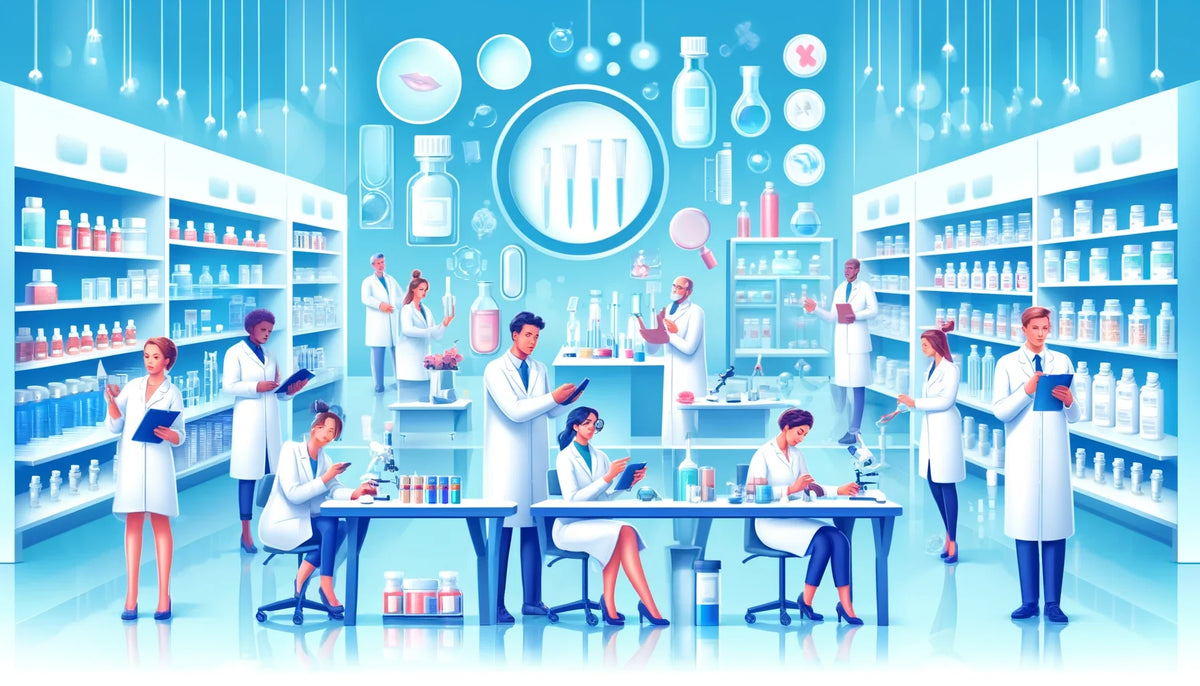 Cosmetic scientists working in a skincare manufacturing lab choosing a manufacturer