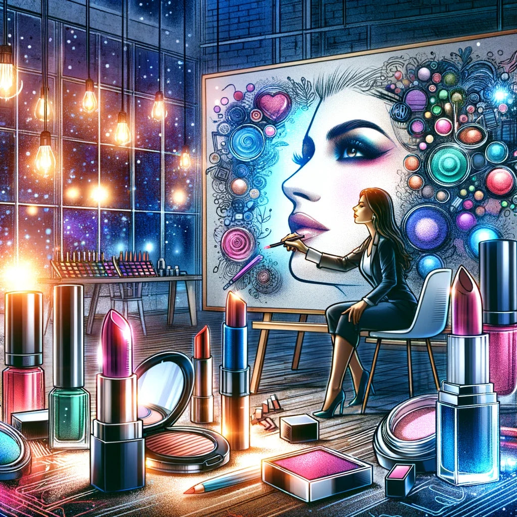 Founder sketching cosmetic brand ideas on a whiteboard surrounded by product samples