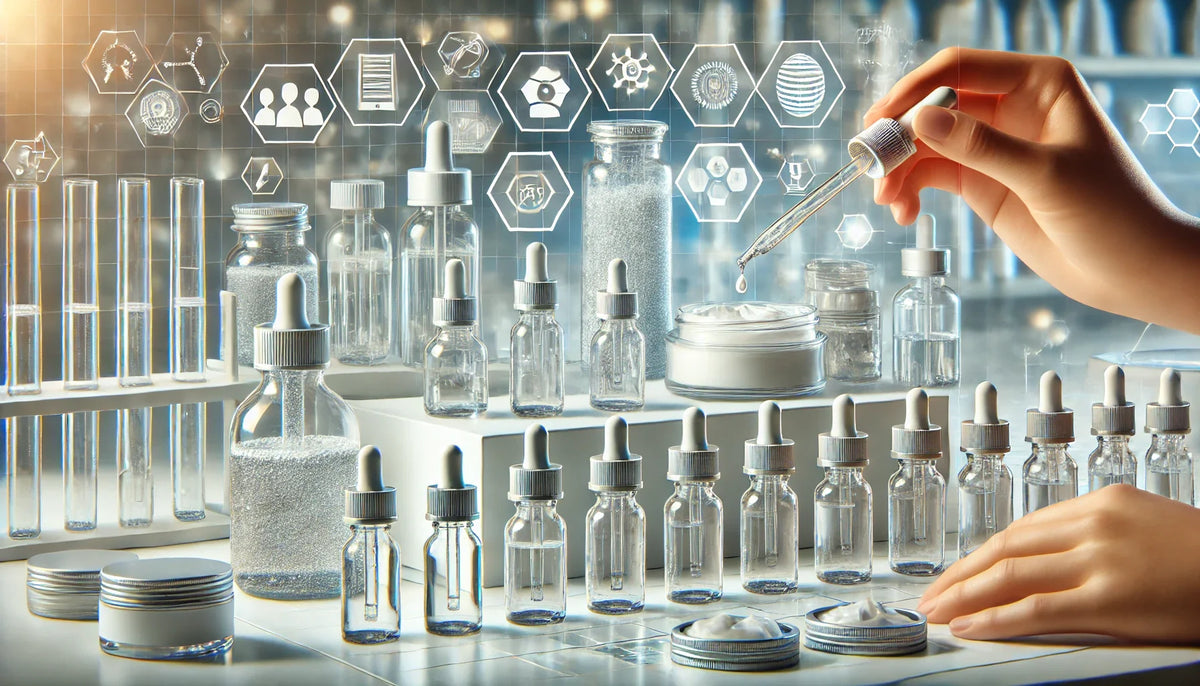 Filling small sample bottles during skincare product development at a cosmetic lab