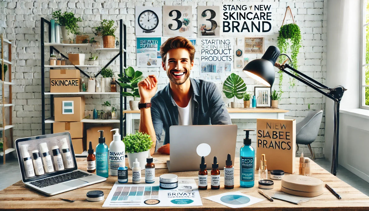 Entrepreneur planning a private label skincare brand with product samples and packaging