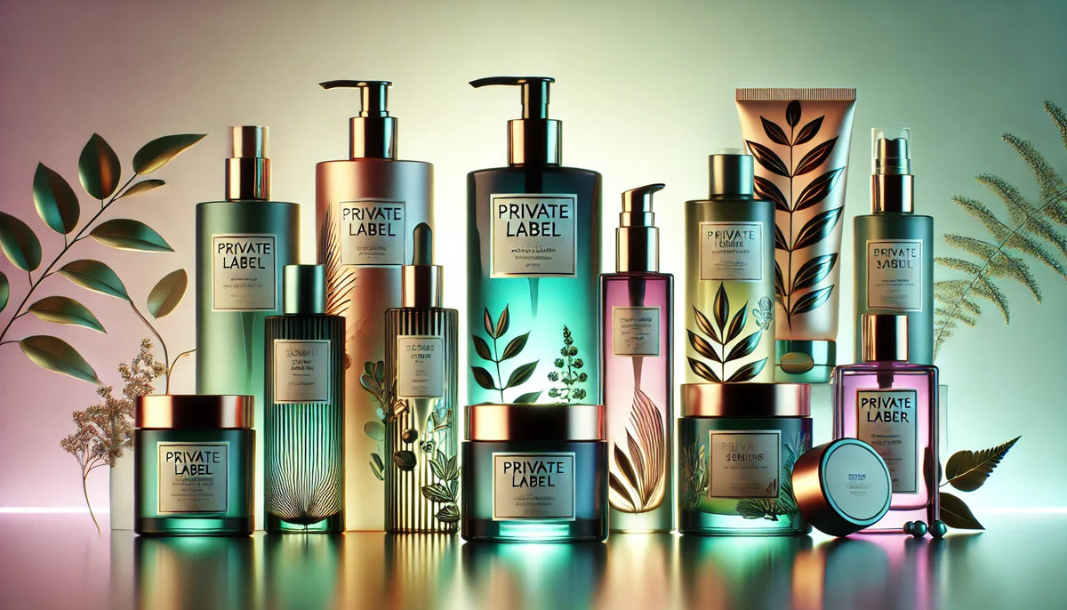 Range of private label skincare products in bottles, jars and tubes