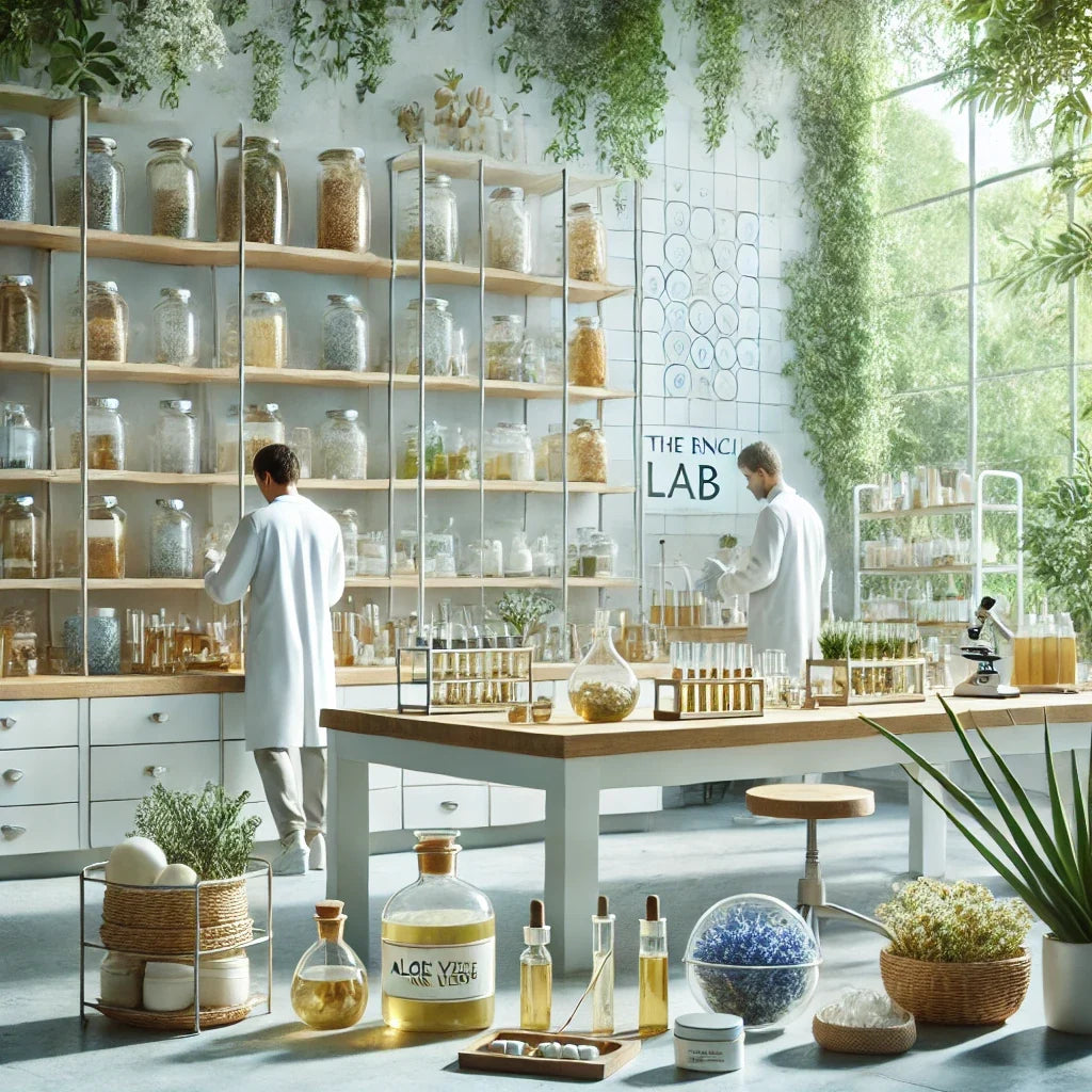 Natural skincare ingredients and botanical extracts in a cosmetic formulation lab