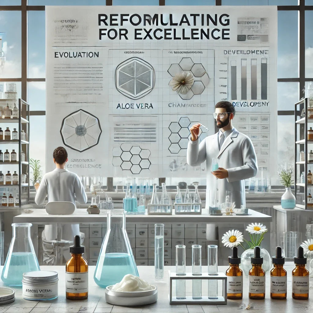 Cosmetic chemists reformulating skincare products in a modern formulation lab