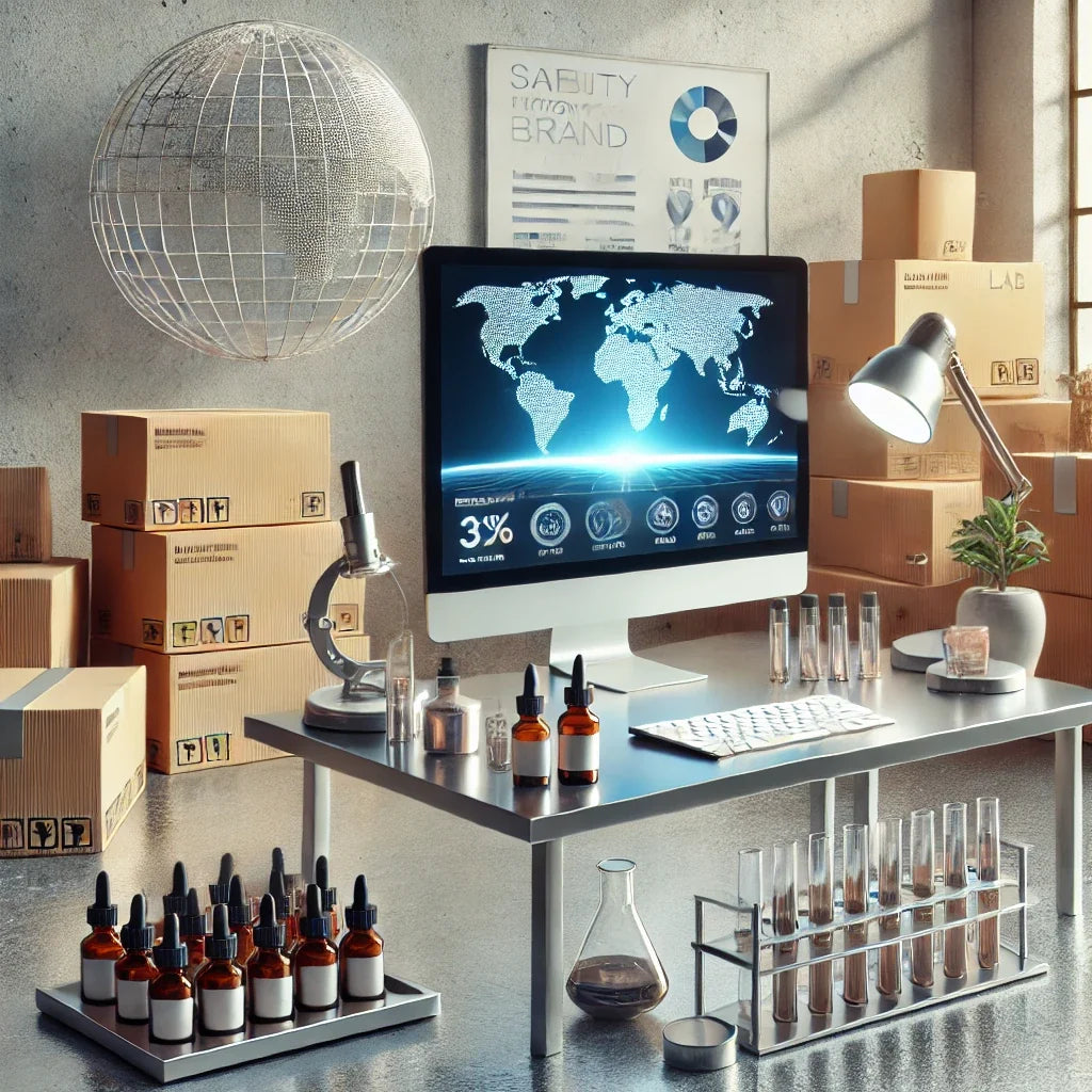 Cosmetic lab bench and brand materials representing launching a beauty business