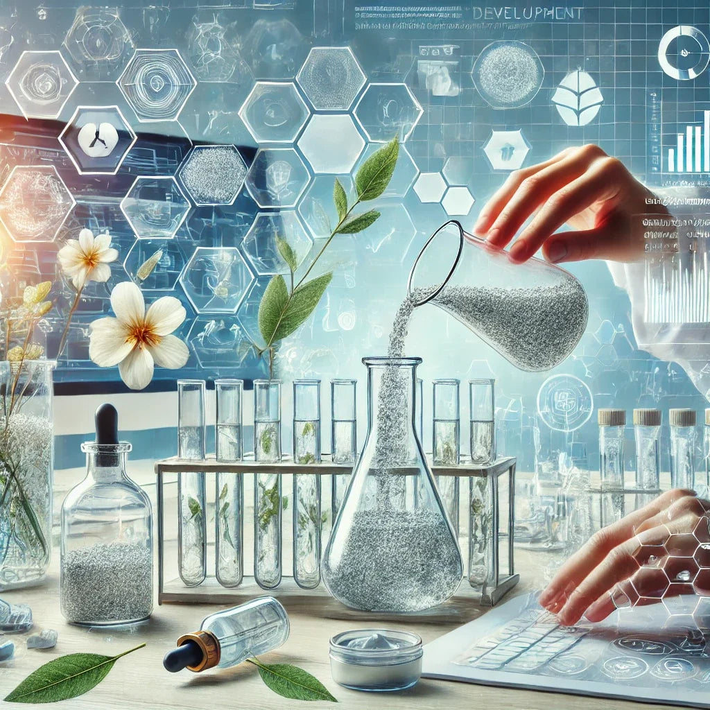Glass beakers and skincare samples used in the cosmetic reformulation process