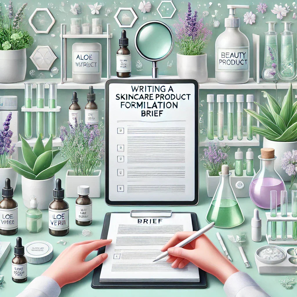 Writing a skincare product formulation brief at a desk with notes and product samples