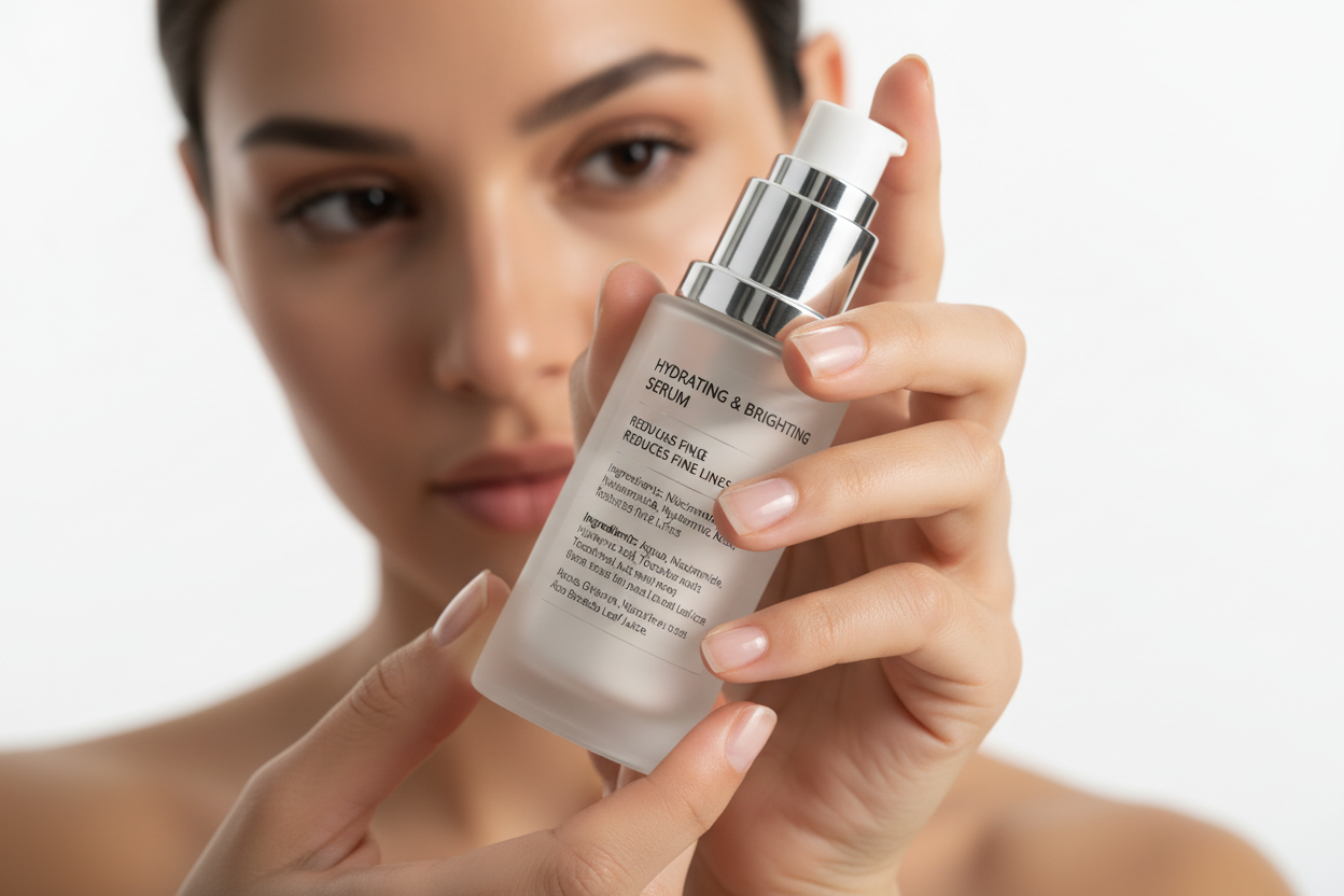 Person reading the claims printed on a skincare product bottle label