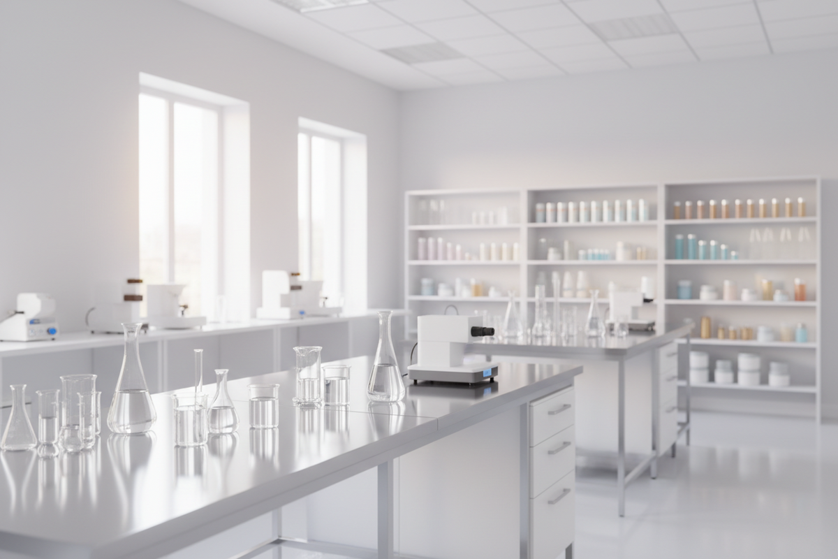 Cosmetic formulation lab with glassware and shelves of samples, where preservative efficacy testing is prepared