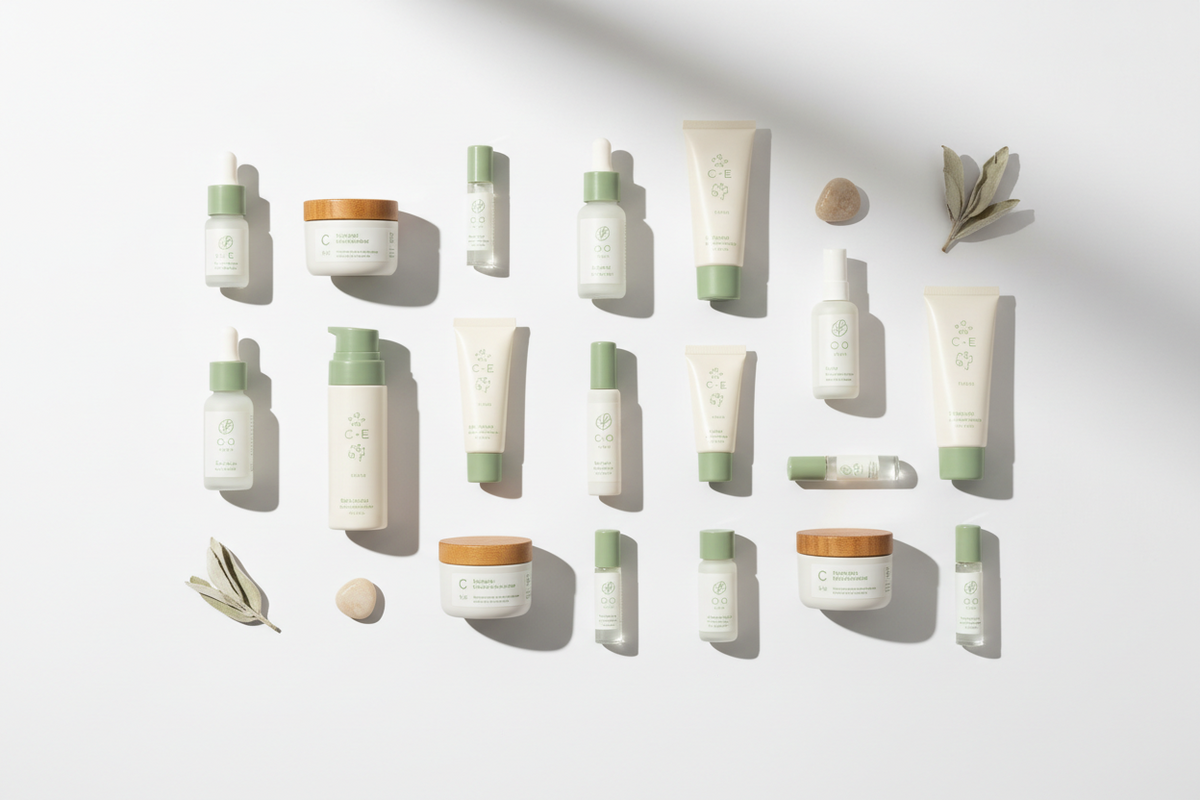 Cosmetic packaging jars and bottles undergoing compatibility testing in a lab