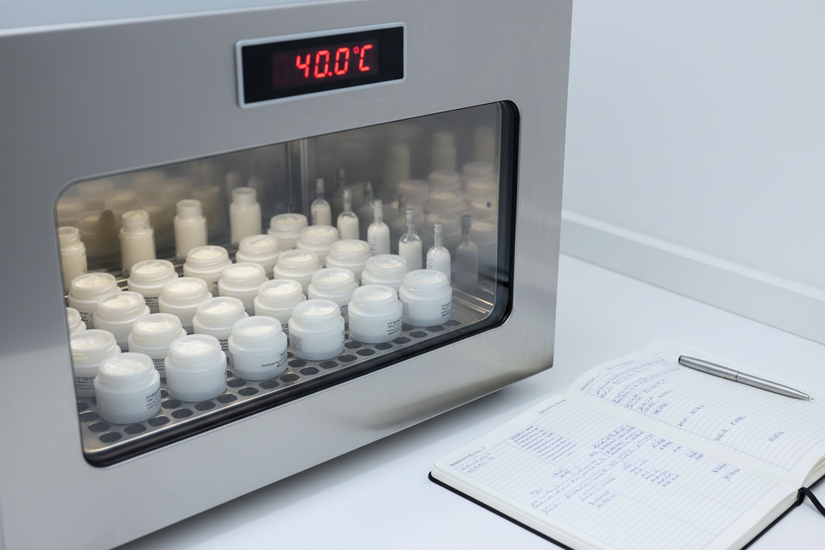 Skincare samples held at elevated temperature during 12-week accelerated cosmetic stability testing