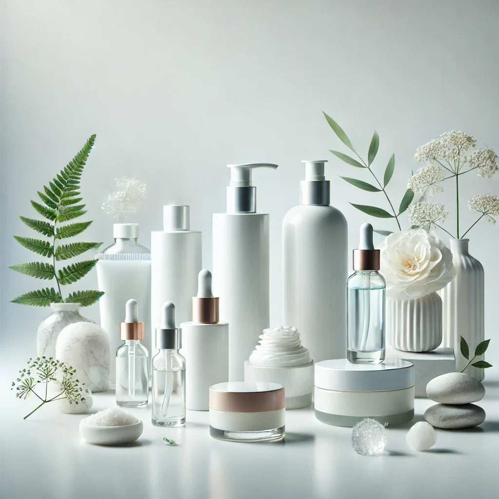 Skincare bottles, creams and serums arranged on a white background