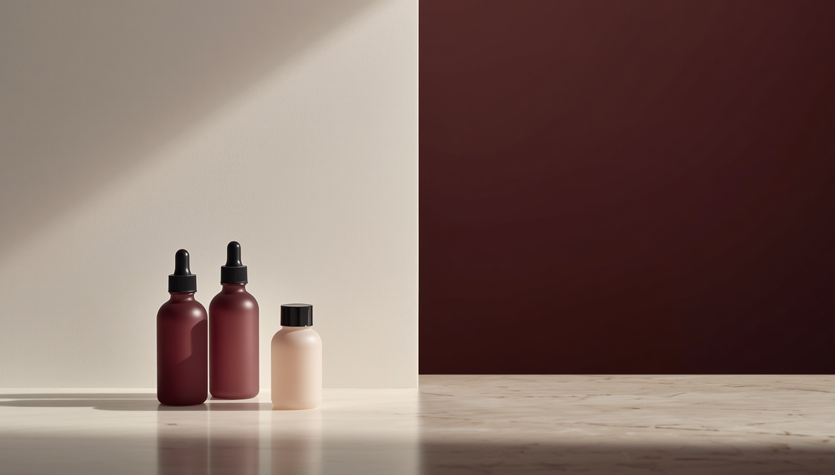 Unbranded dropper and serum bottles against a burgundy wall, ready for a skincare brand's own label