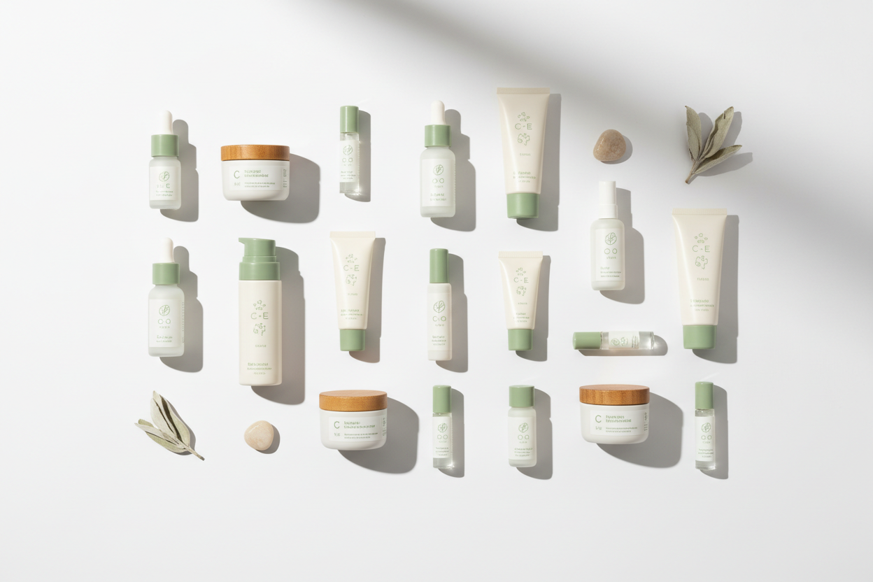 Cosmetic packaging jars and bottles undergoing compatibility testing in a lab